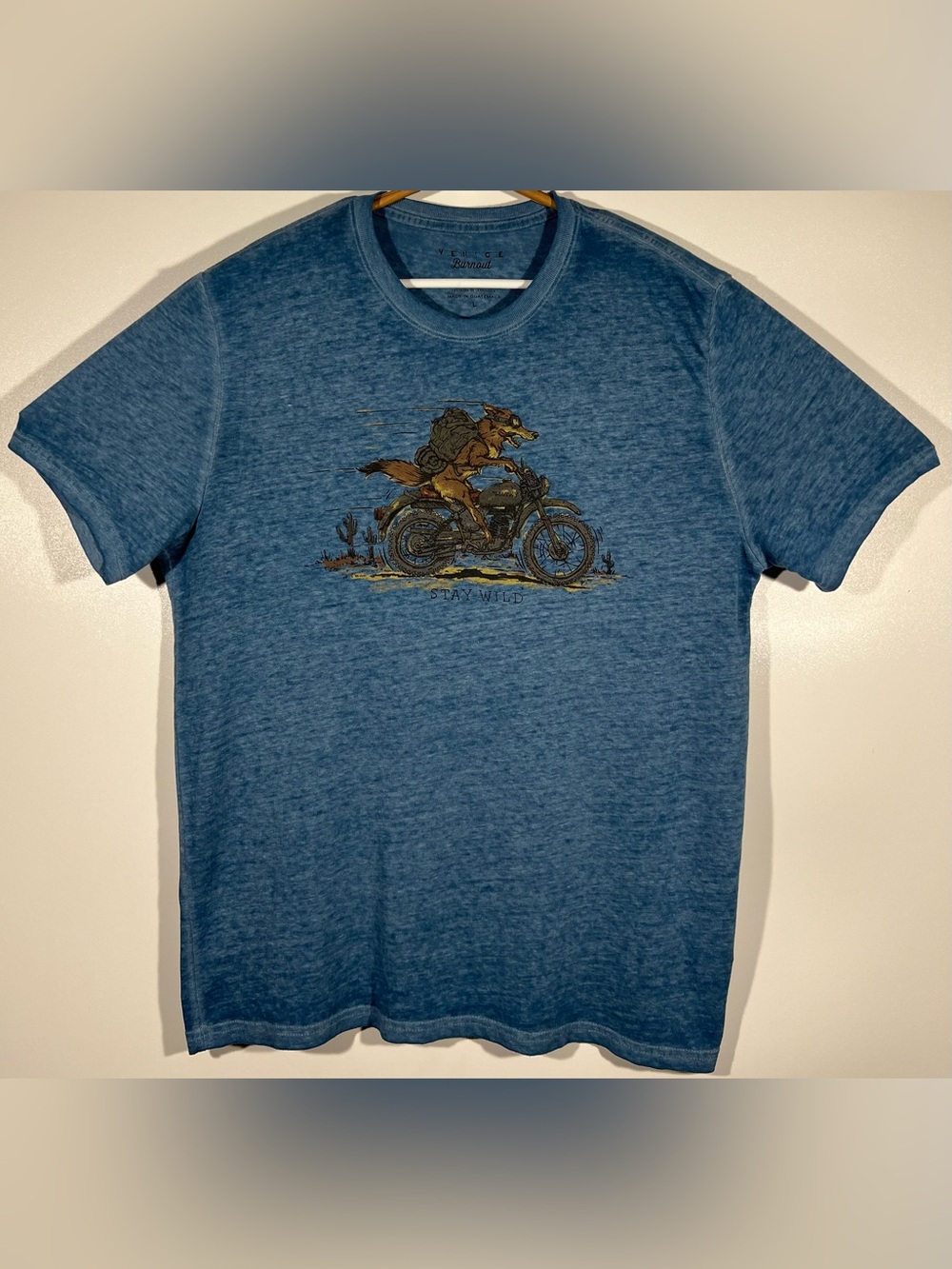 Lucky Brand Venice Burnout T Shirt Men’s Sz L Blue Coyote Motorcycle Stay Wild